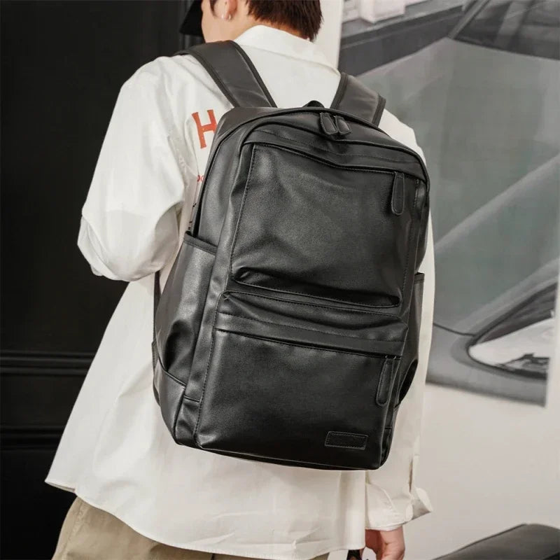 Solid PU Leather Backpack – Large-Capacity 15” Laptop Travel & Everyday Schoolbag